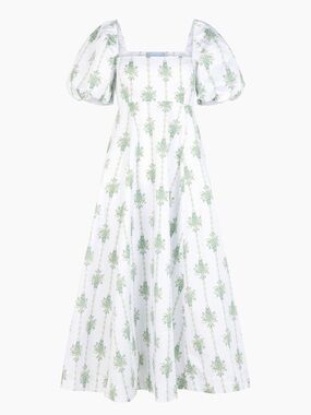 Hill House White & Green Puff-Sleeve Floral Maxi Dress